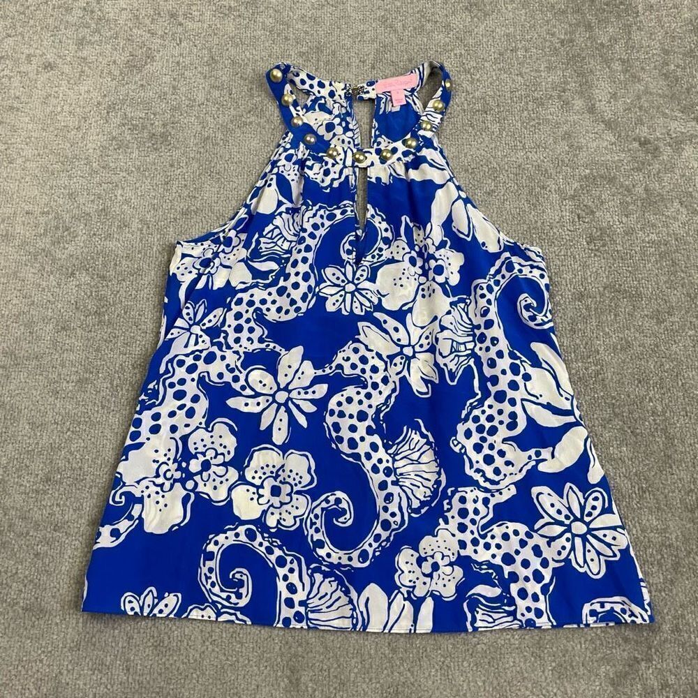 Lilly Pulitzer Size Small Rogan Silk Halter Top Quahog Chowdah Blue White Studs